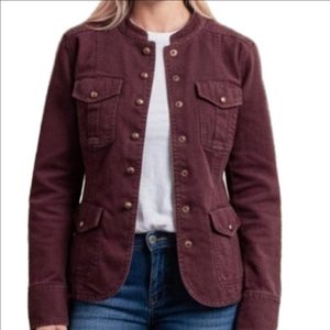 WHBM Burgundy Plum Stretch Military Utility Style Brass Button Jacket Blazer